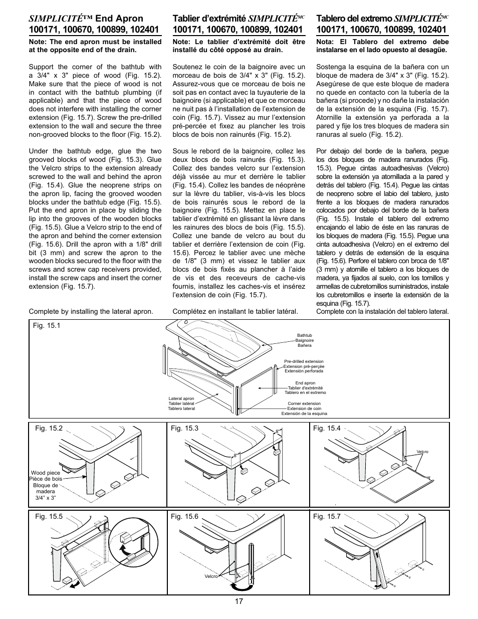 Tablier d’extrémité simplicité, Tablero del extremo simplicité | MAAX APEX 108 9 FT User Manual | Page 17 / 36