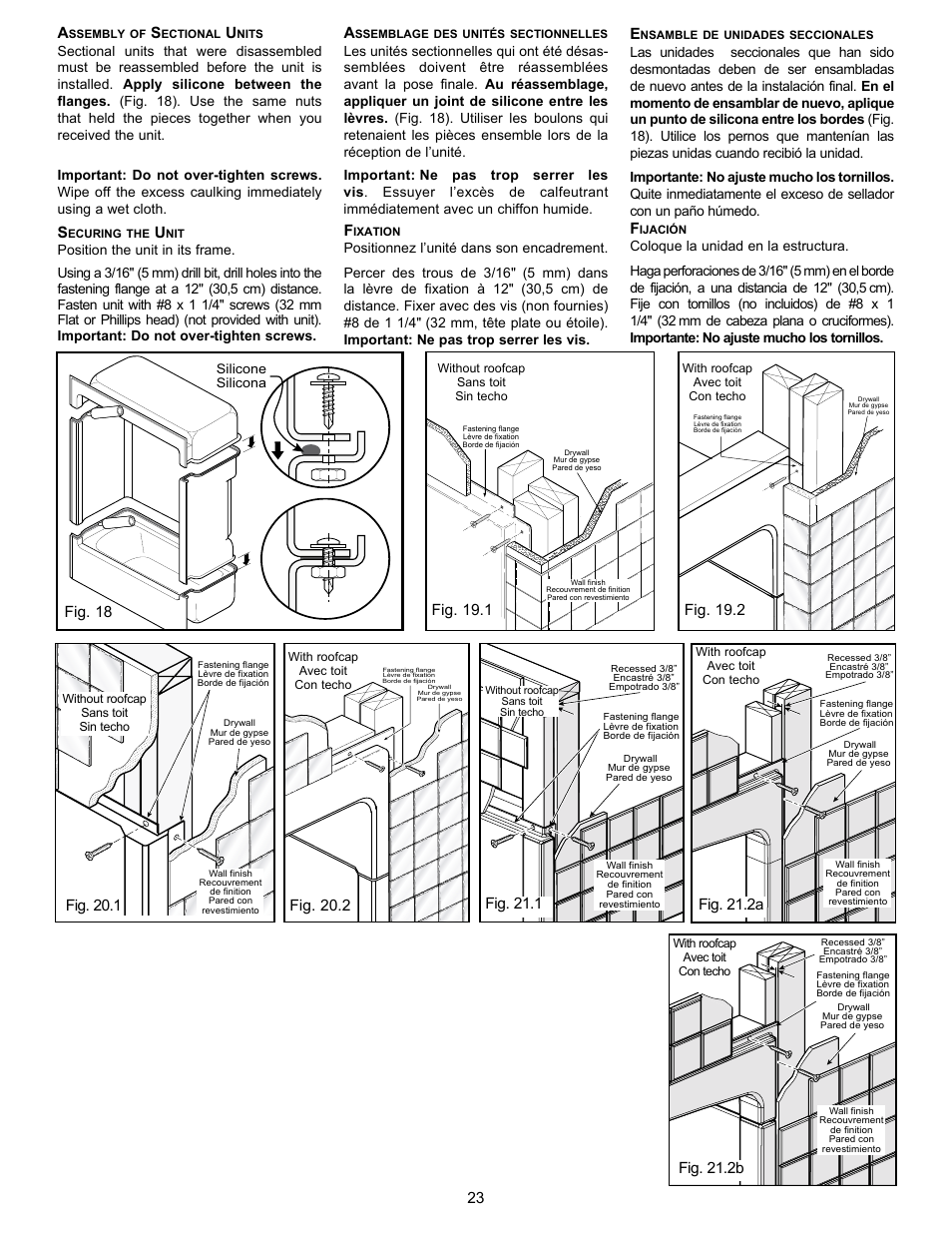 23 a, Fig. 18, Fig. 21.1 | Fig. 21.2b, Fig. 21.2a, Silicone silicona | MAAX APEX 108 9 FT User Manual | Page 23 / 36
