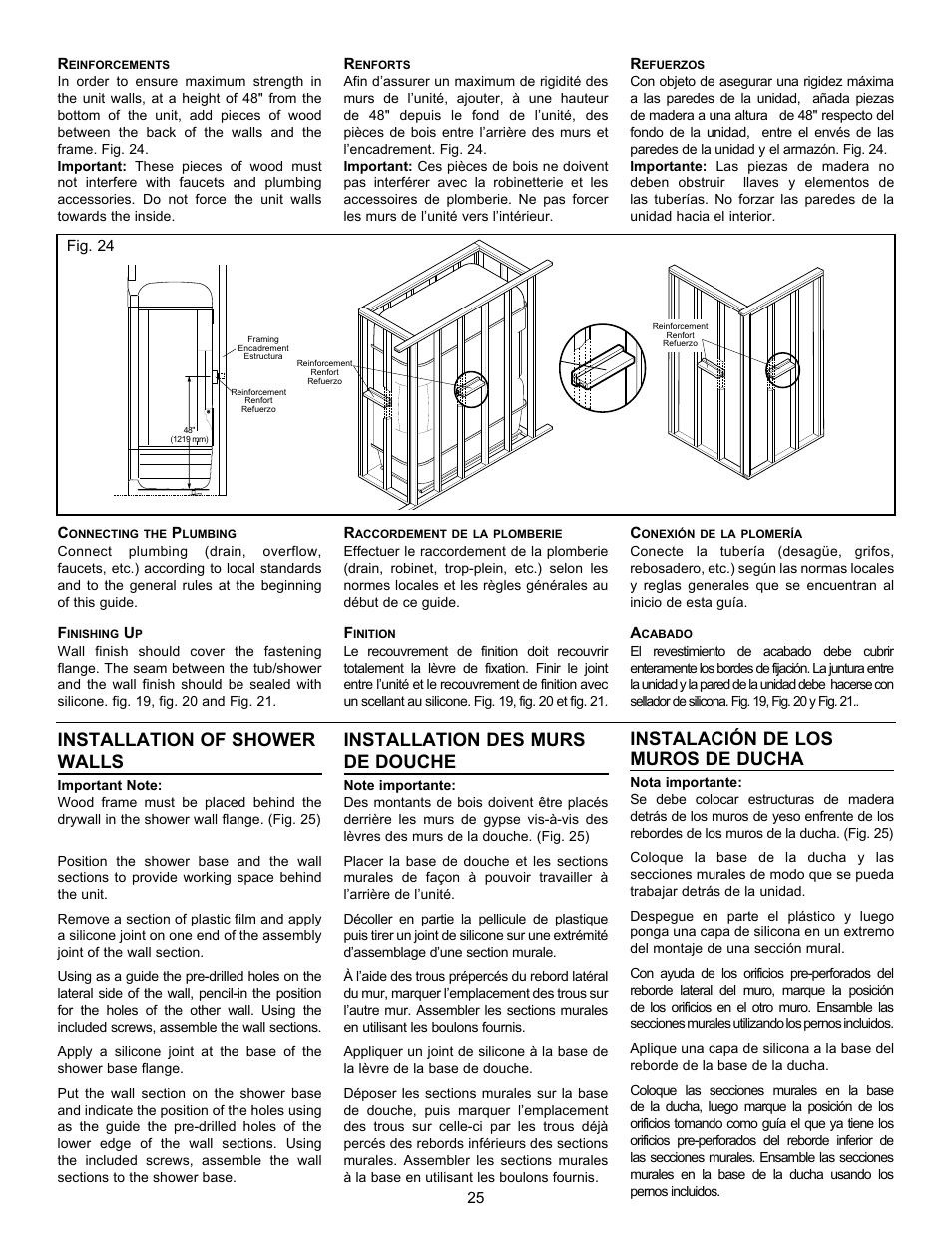 Installation of shower walls, Installation des murs de douche, Instalación de los muros de ducha | MAAX APEX 108 9 FT User Manual | Page 25 / 36