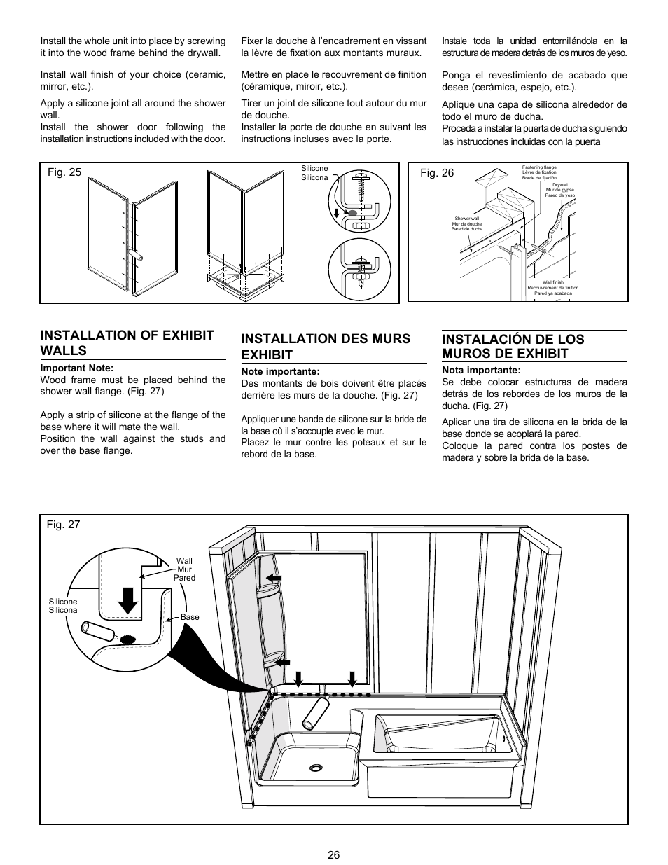 Installation of exhibit walls, Installation des murs exhibit, Instalación de los muros de exhibit | MAAX APEX 108 9 FT User Manual | Page 26 / 36