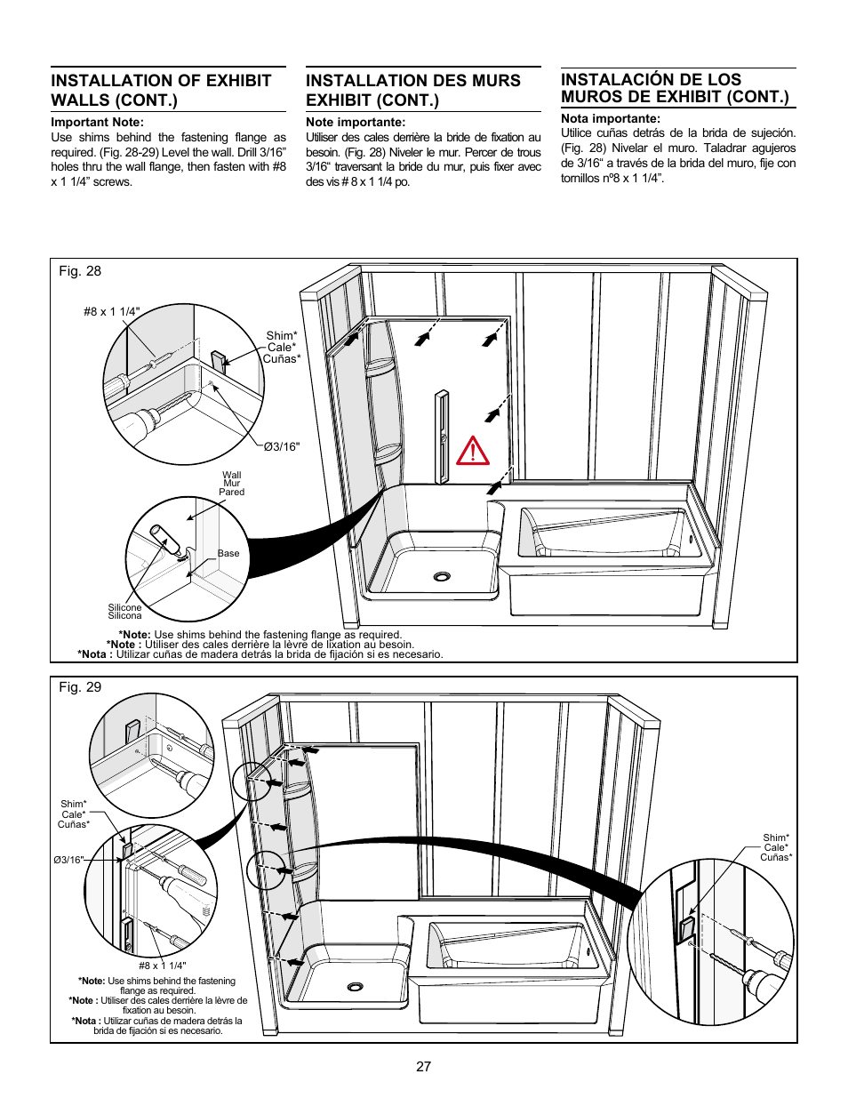 Installation of exhibit walls (cont.), Installation des murs exhibit (cont.), Instalación de los muros de exhibit (cont.) | MAAX APEX 108 9 FT User Manual | Page 27 / 36
