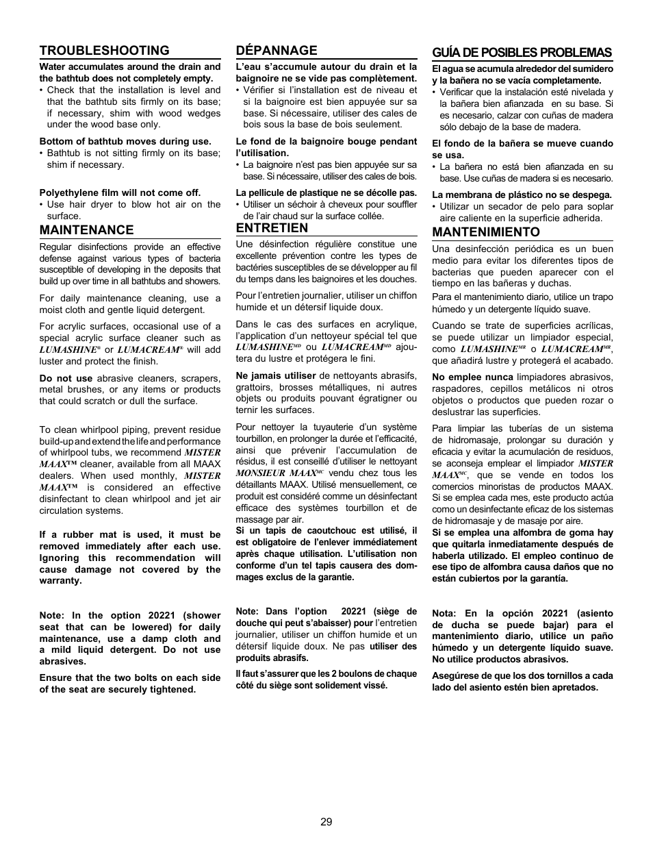 Troubleshooting, Maintenance, Dépannage | Entretien, Guía de posibles problemas, Mantenimiento | MAAX APEX 108 9 FT User Manual | Page 29 / 36