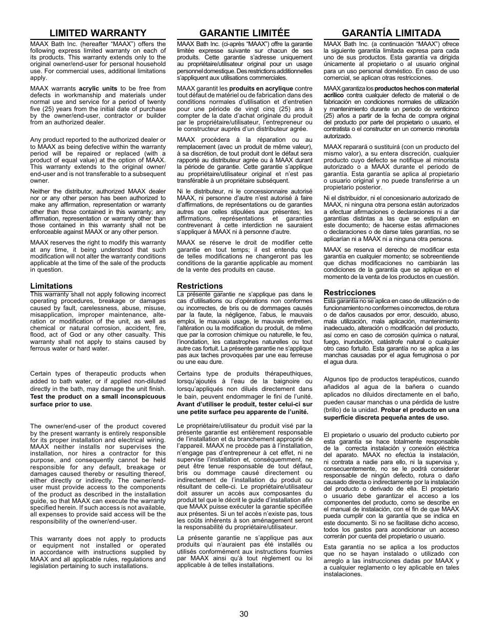 Limited warranty, Garantie limitée, Garantía limitada | MAAX APEX 108 9 FT User Manual | Page 30 / 36