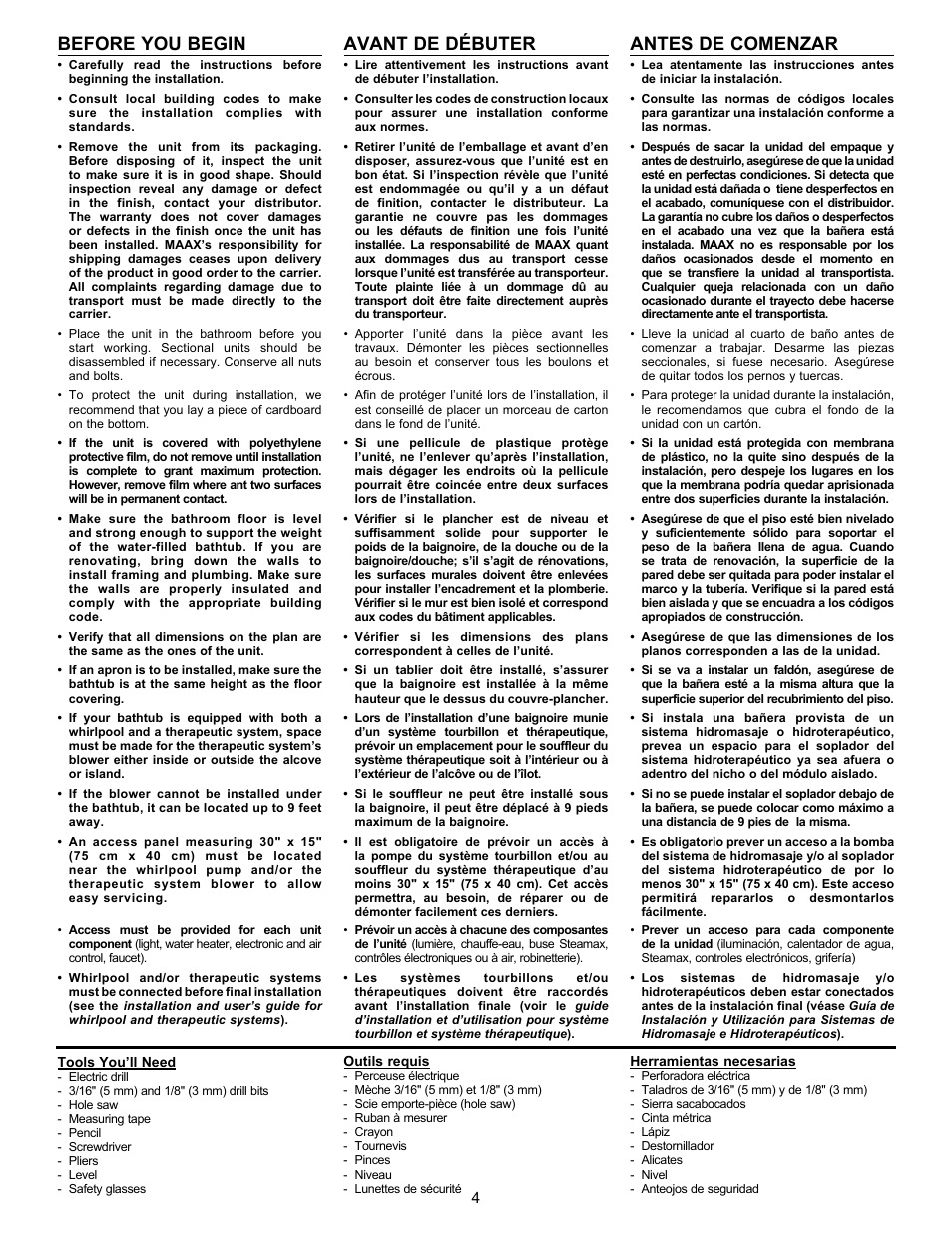 Before you begin, Avant de débuter, Antes de comenzar | MAAX APEX 108 9 FT User Manual | Page 4 / 36