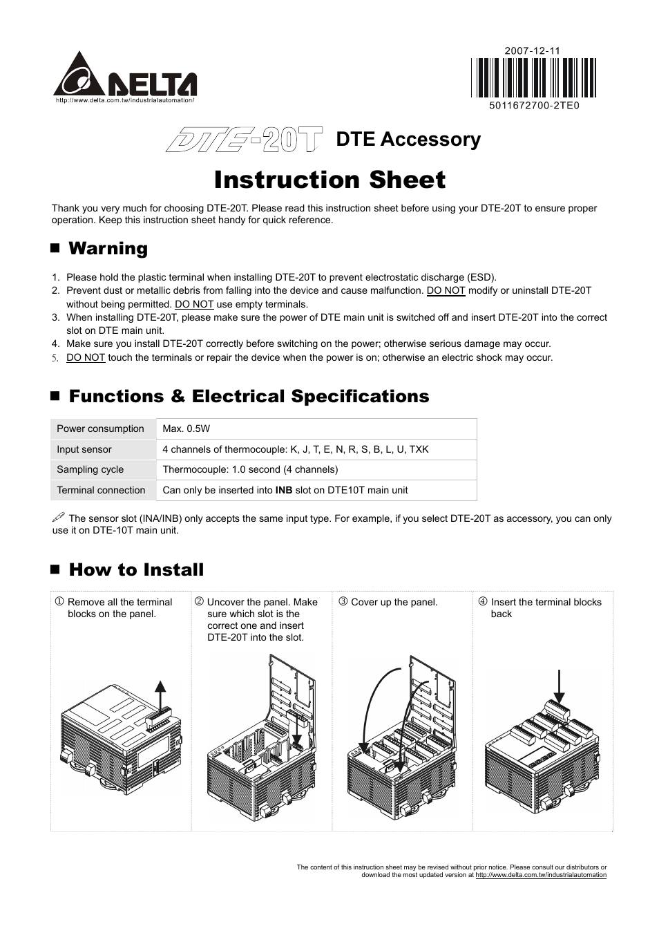 Delta Electronics DTE Accessory DTE-20T User Manual | 1 page