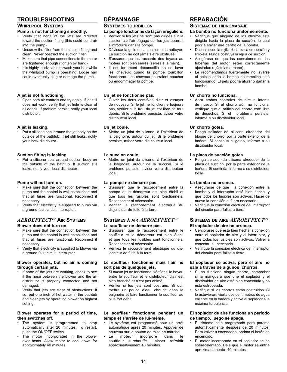 Troubleshooting, Dépannage, Reparación | Aeroeffect | MAAX APEX 108 9 FT User Manual | Page 14 / 20