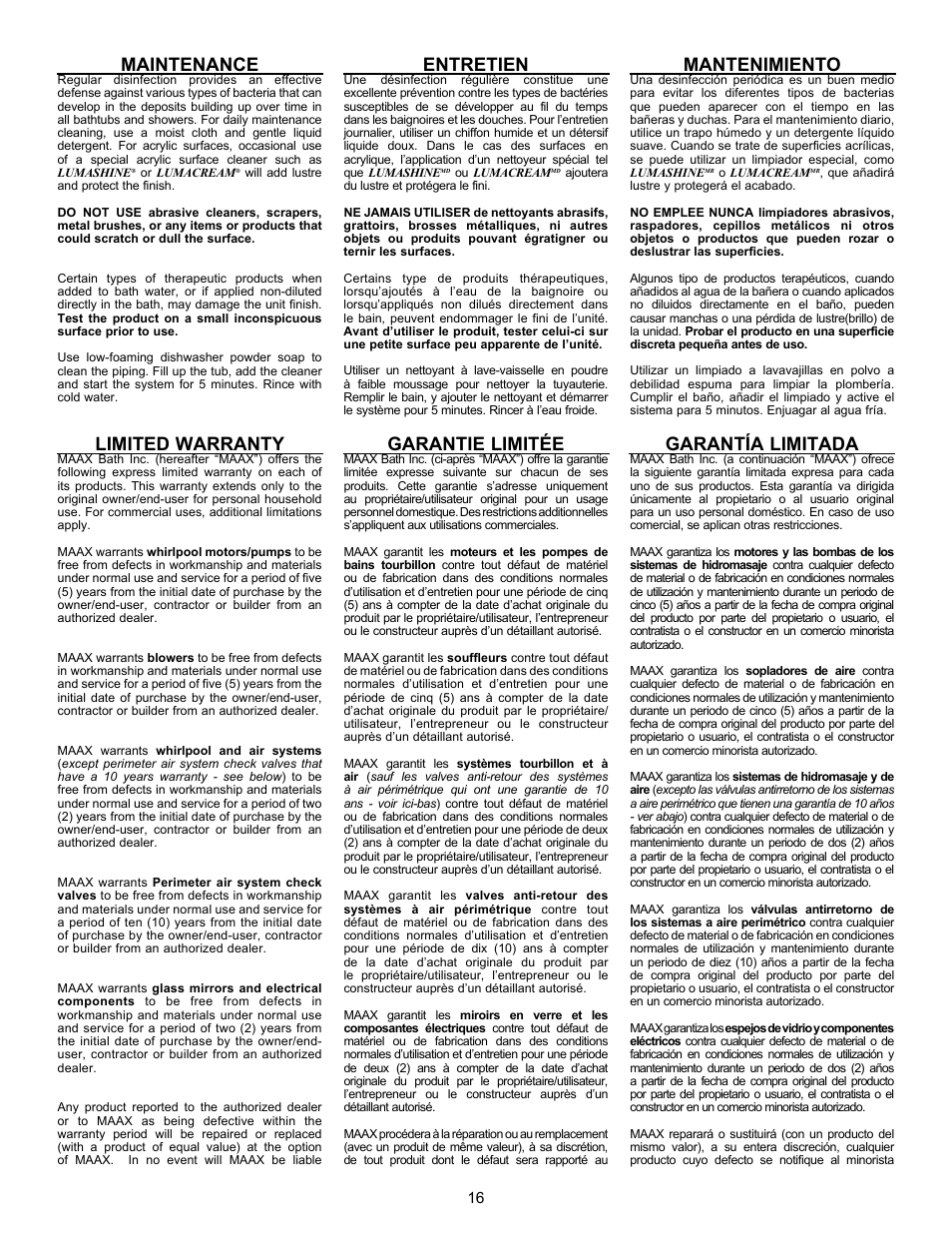Maintenance, Limited warranty, Entretien | Garantie limitée, Mantenimiento, Garantía limitada | MAAX APEX 108 9 FT User Manual | Page 16 / 20