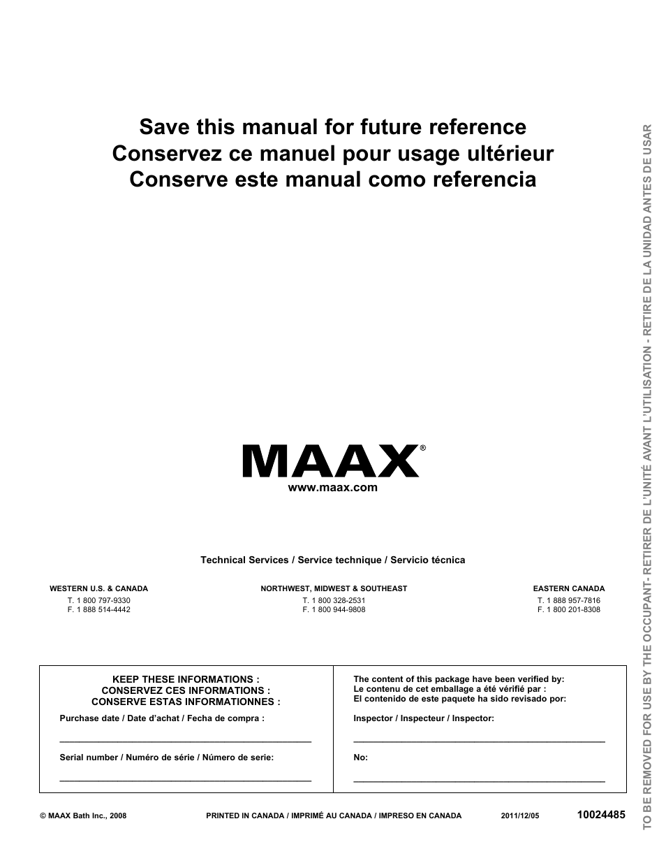 MAAX APEX 108 9 FT User Manual | Page 20 / 20