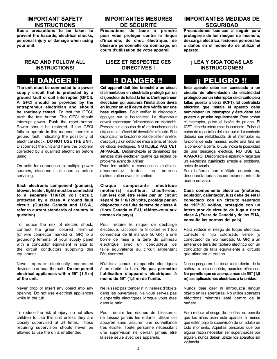 Danger, Peligro, Important safety instructions | Importantes mesures de sécurité, Importantes medidas de seguridad | MAAX APEX 108 9 FT User Manual | Page 4 / 20