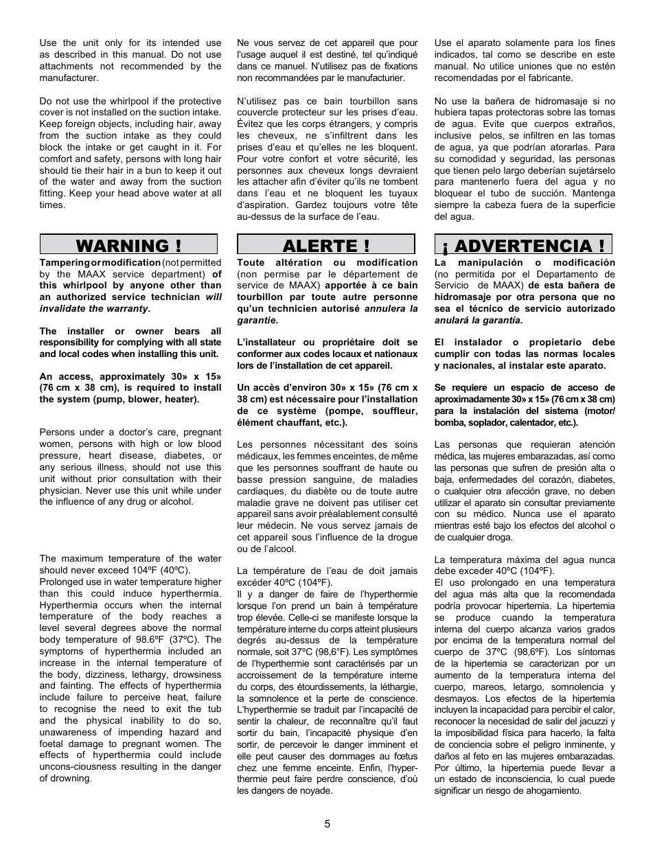 Warning, Alerte, Advertencia | MAAX APEX 108 9 FT User Manual | Page 5 / 20