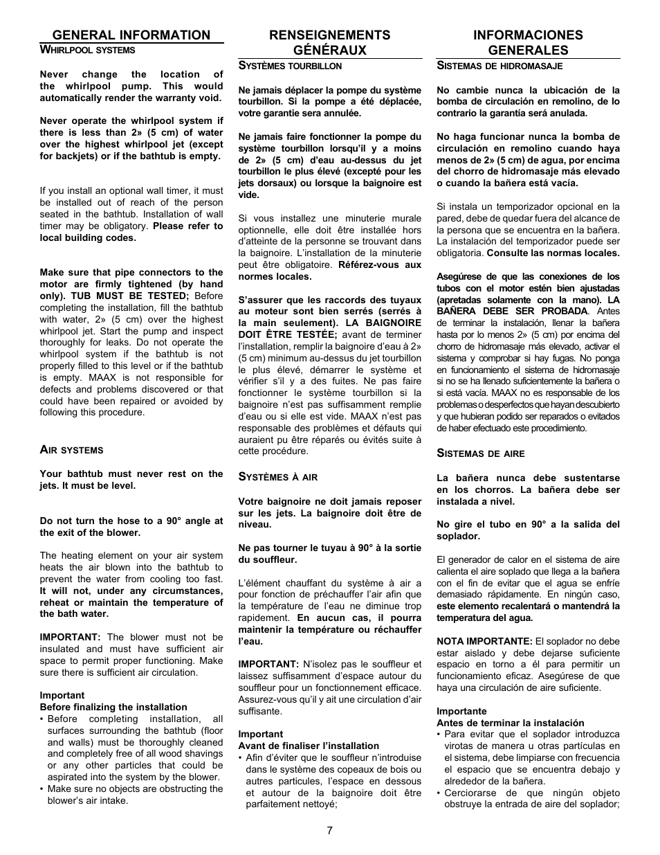 General information, Renseignements généraux, Informaciones generales | MAAX APEX 108 9 FT User Manual | Page 7 / 20