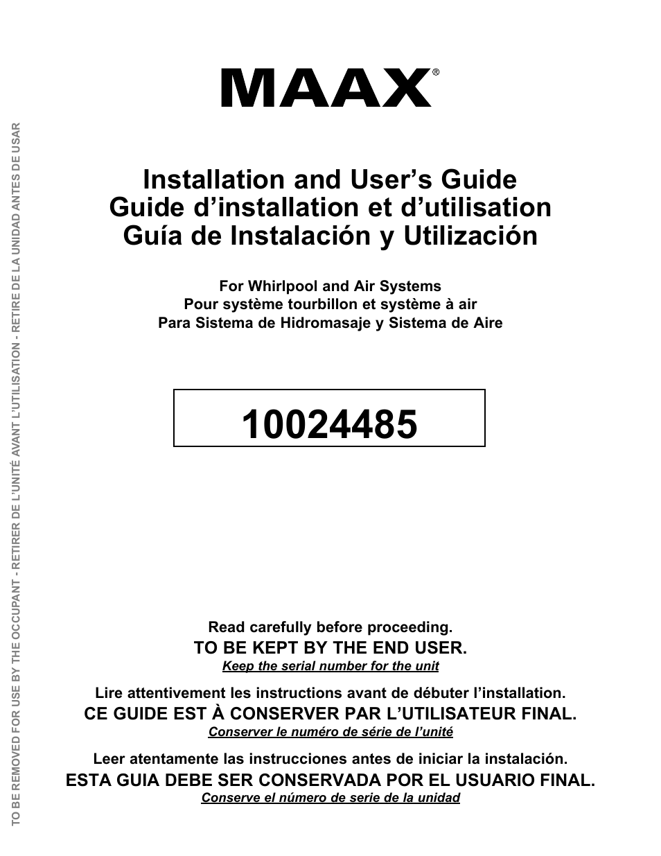 MAAX APEX 108 9 FT User Manual | 20 pages