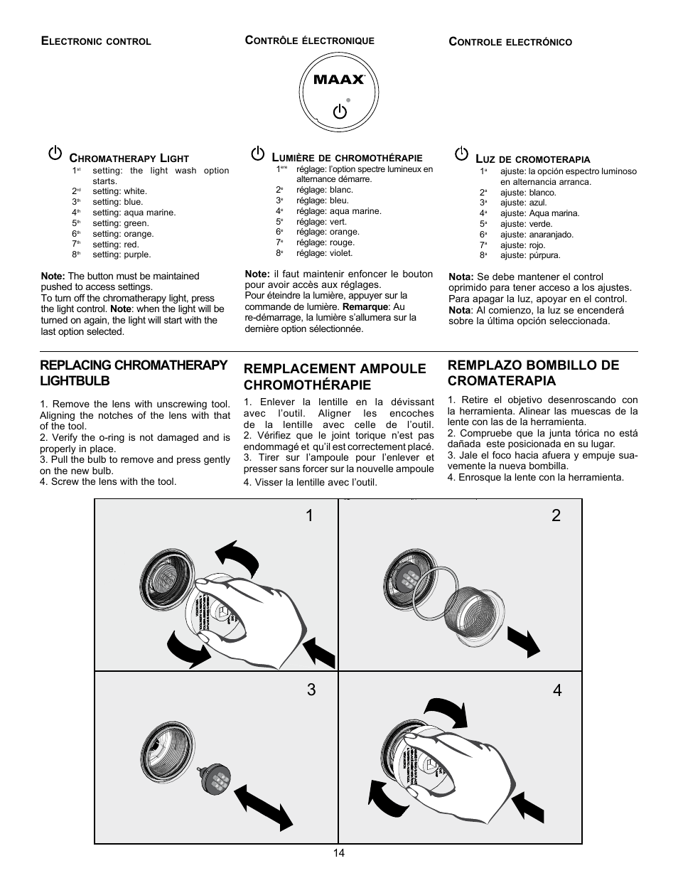 Replacing chromatherapy lightbulb, Remplacement ampoule chromothérapie, Remplazo bombillo de cromaterapia | MAAX APEX 108 9 FT User Manual | Page 14 / 20