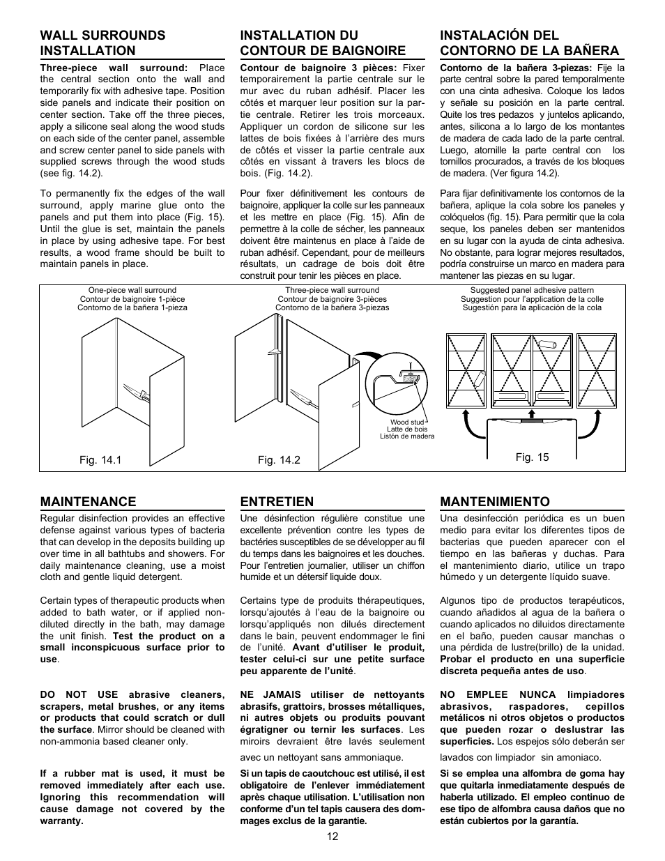 Wall surrounds installation, Maintenance, Installation du contour de baignoire | Entretien, Instalación del contorno de la bañera, Mantenimiento | MAAX AVENUE 6030 User Manual | Page 12 / 16