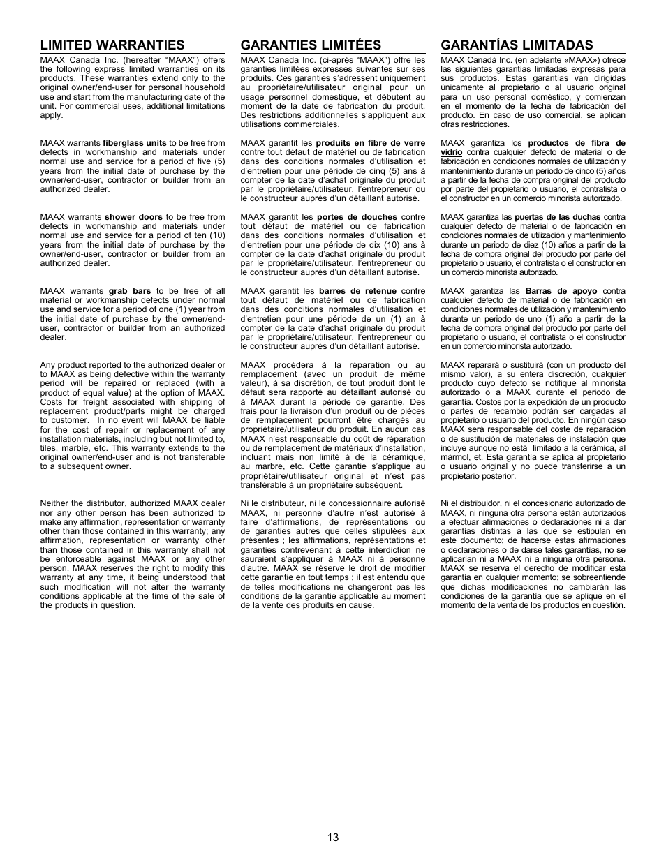 Limited warranties, Garanties limitées, Garantías limitadas | MAAX AVENUE 6030 User Manual | Page 13 / 16