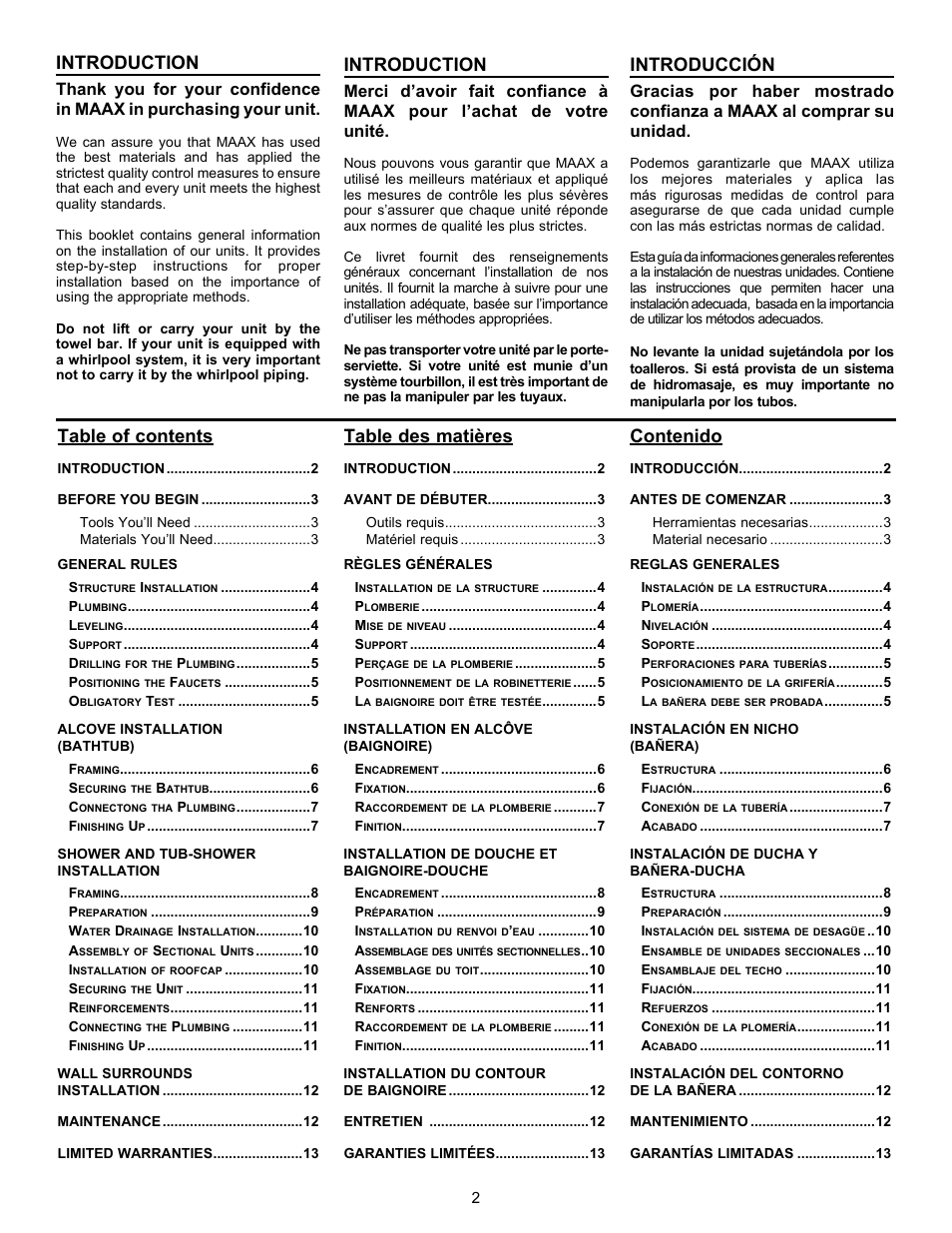 MAAX AVENUE 6030 User Manual | Page 2 / 16
