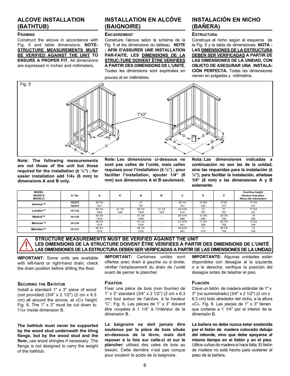Alcove installation (bathtub), Installation en alcôve (baignoire), Instalación en nicho (bañera) | MAAX AVENUE 6030 User Manual | Page 6 / 16