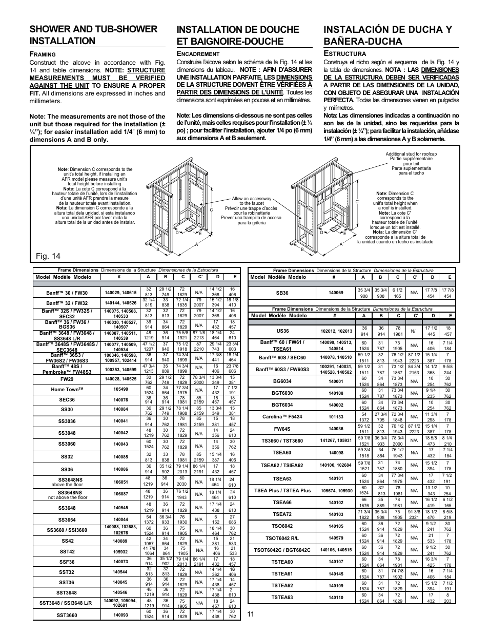 Shower and tub-shower installation, Installation de douche et baignoire-douche, Instalación de ducha y bañera-ducha | Fig. 14 | MAAX AVENUE 6030 User Manual | Page 11 / 20