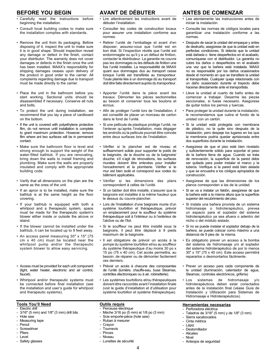 Before you begin, Avant de débuter, Antes de comenzar | MAAX AVENUE 6030 User Manual | Page 4 / 20
