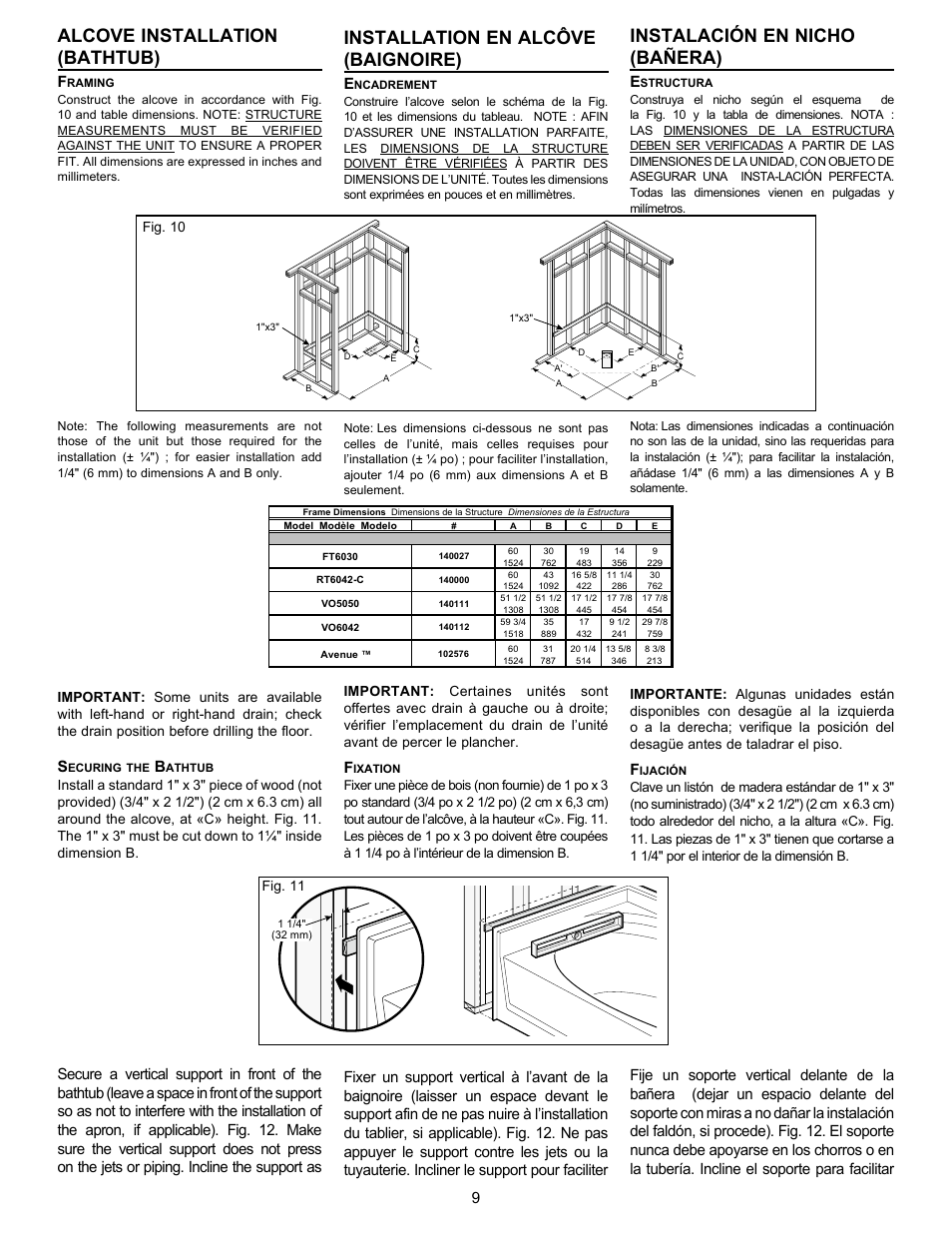 Alcove installation (bathtub), Installation en alcôve (baignoire), Instalación en nicho (bañera) | Fig. 10, Fig. 11 | MAAX AVENUE 6030 User Manual | Page 9 / 20