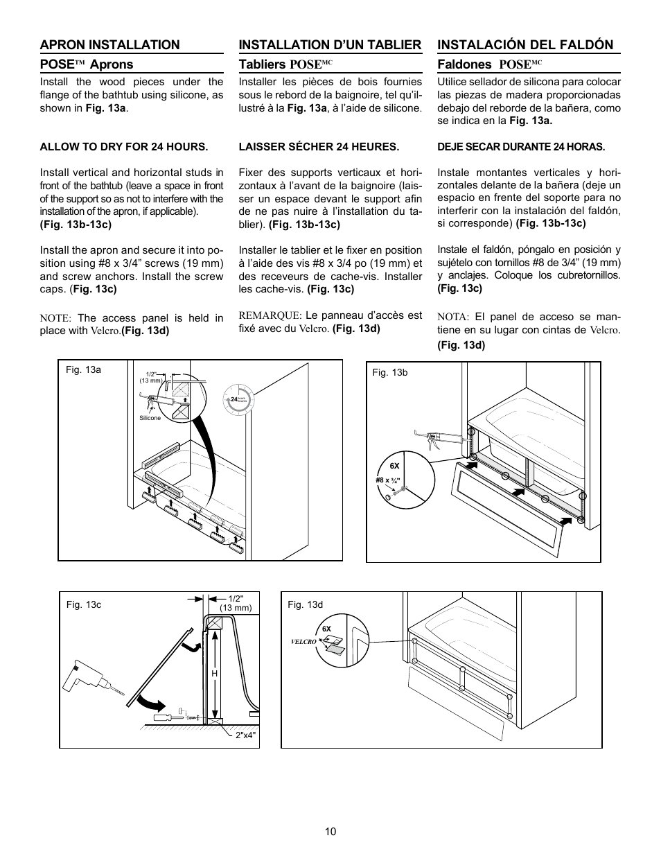 Apron installation pose, Aprons, Installation d’un tablier tabliers pose | Instalación del faldón faldones pose | MAAX BACCARAT User Manual | Page 10 / 24