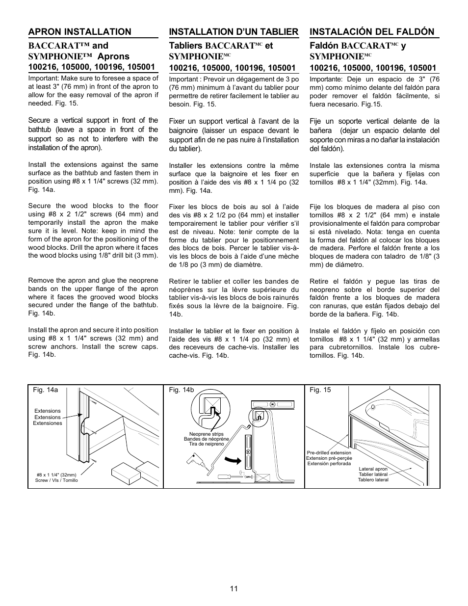 Apron installation baccarat™ and symphonie™ aprons, Installation d’un tablier tabliers baccarat, Et symphonie | Instalación del faldón faldón baccarat, Ysymphonie | MAAX BACCARAT User Manual | Page 11 / 24