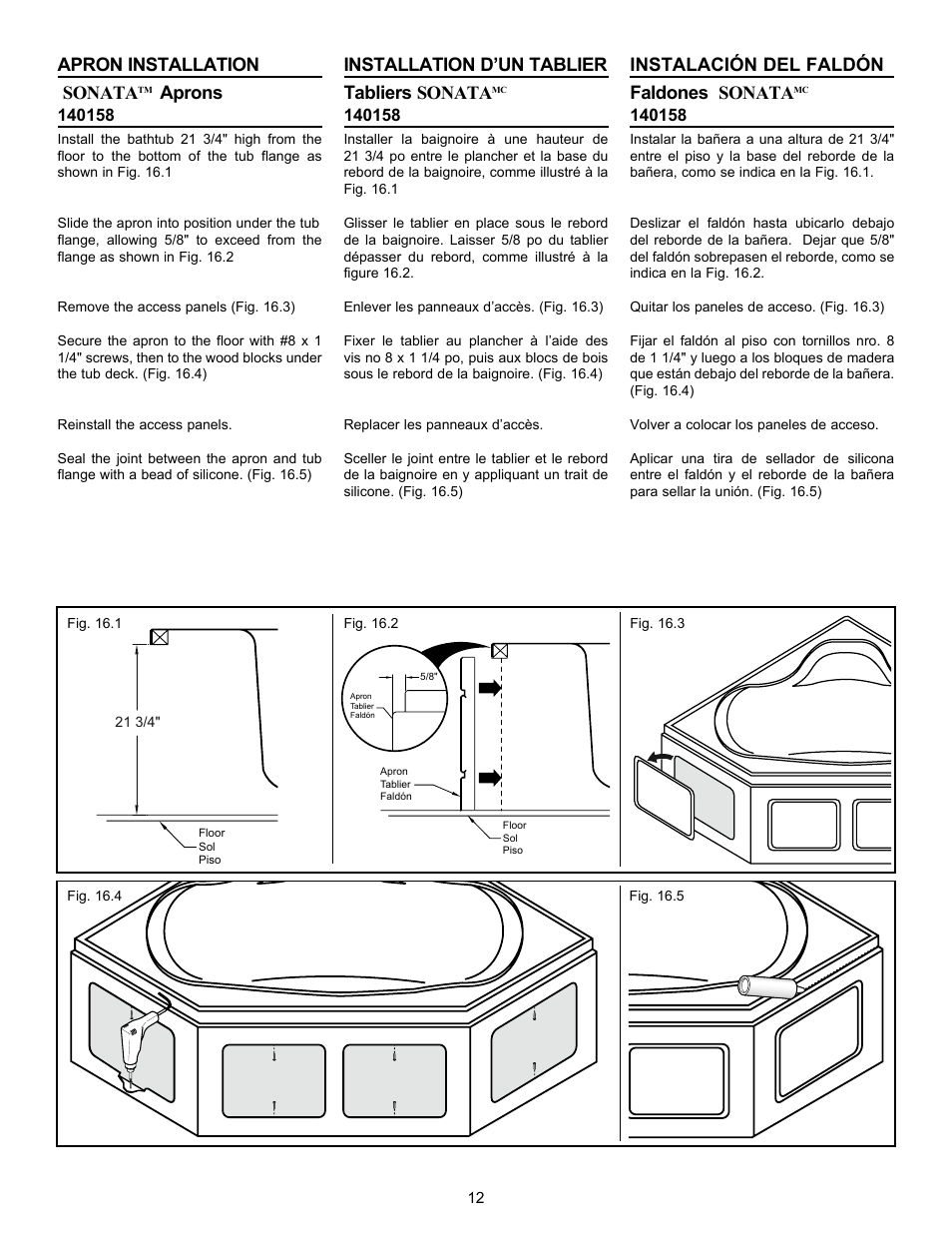 Apron installation sonata, Aprons, Installation d’un tablier tabliers sonata | Instalación del faldón faldones sonata | MAAX BACCARAT User Manual | Page 12 / 24