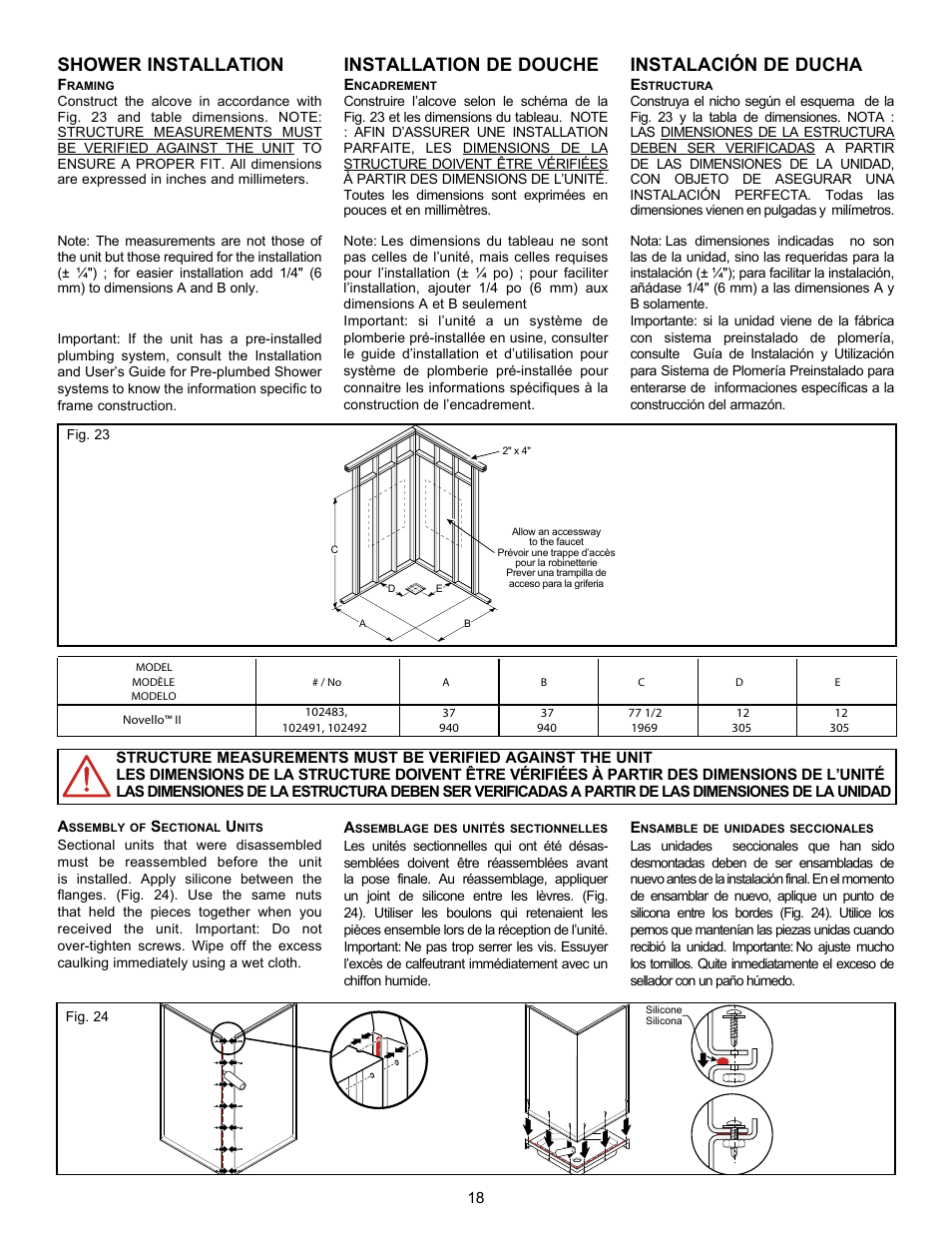 Shower installation, Installation de douche, Instalación de ducha | MAAX BACCARAT User Manual | Page 18 / 24
