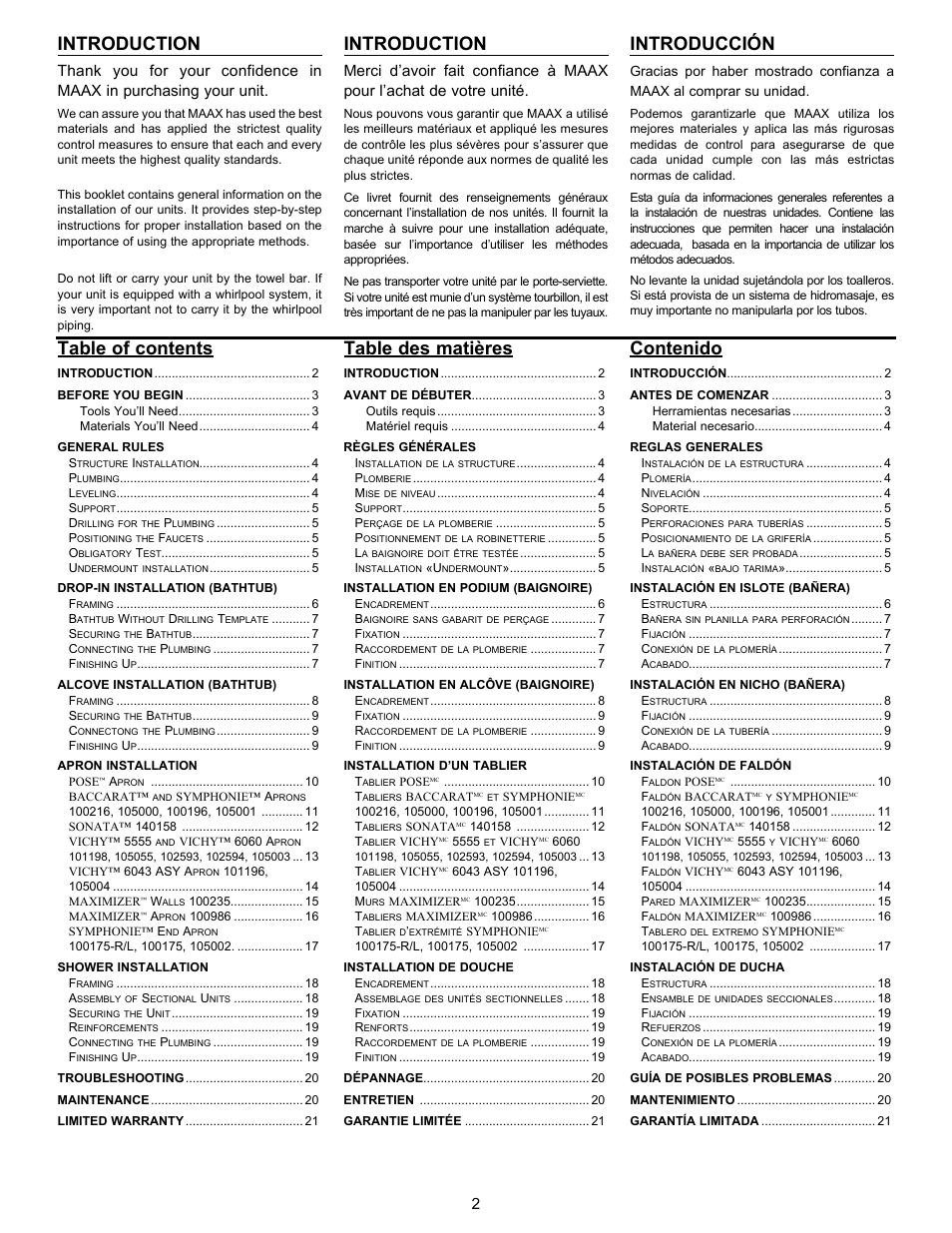 MAAX BACCARAT User Manual | Page 2 / 24