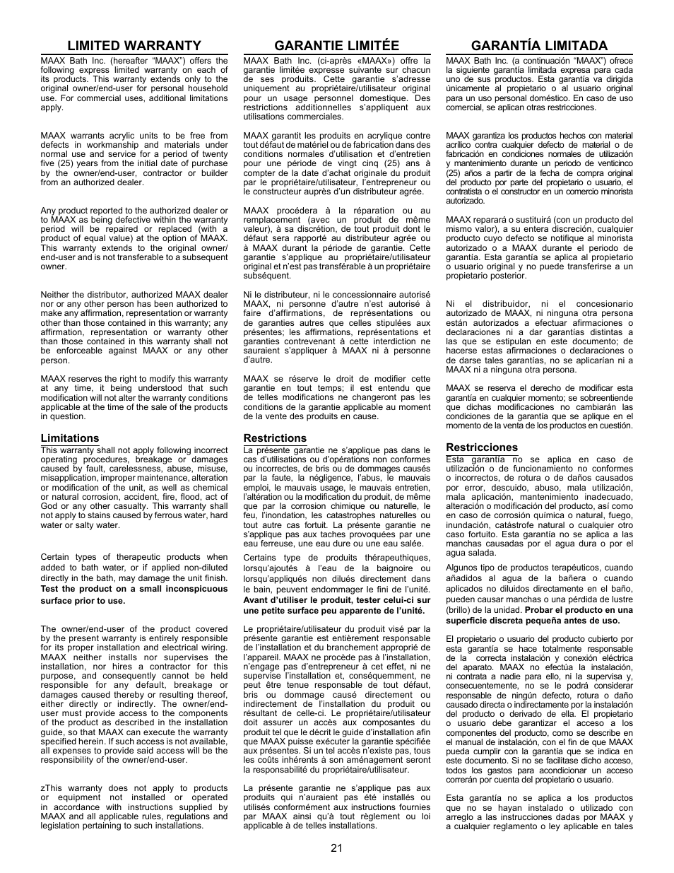 Limited warranty, Garantie limitée, Garantía limitada | MAAX BACCARAT User Manual | Page 21 / 24