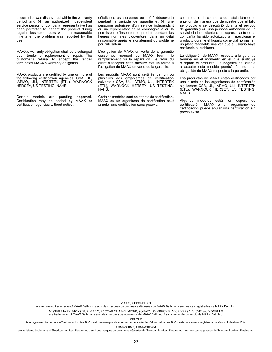 MAAX BACCARAT User Manual | Page 23 / 24