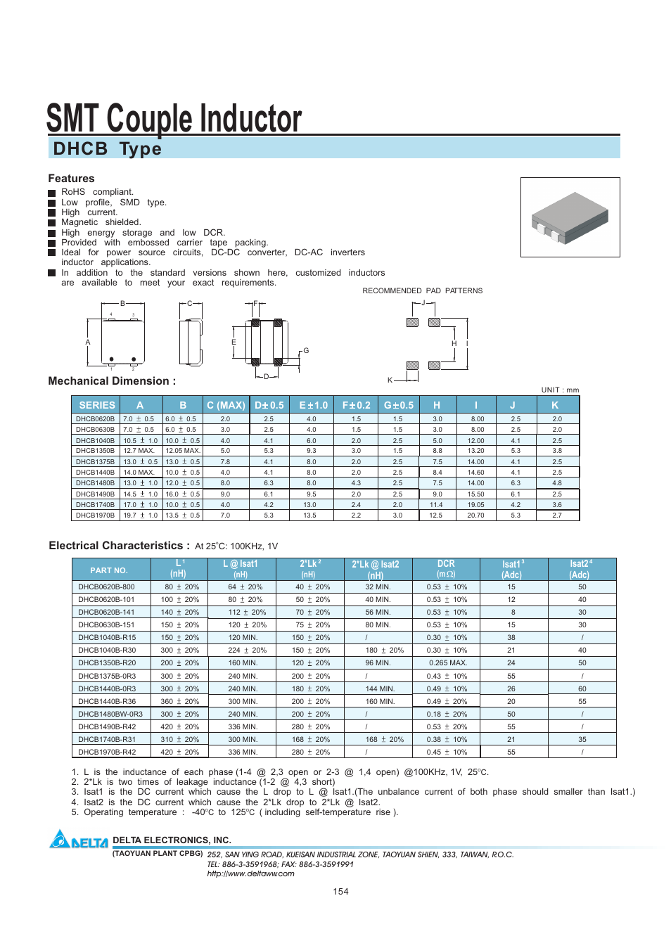 Delta Electronics SMT Couple Inductor DHCB User Manual | 1 page
