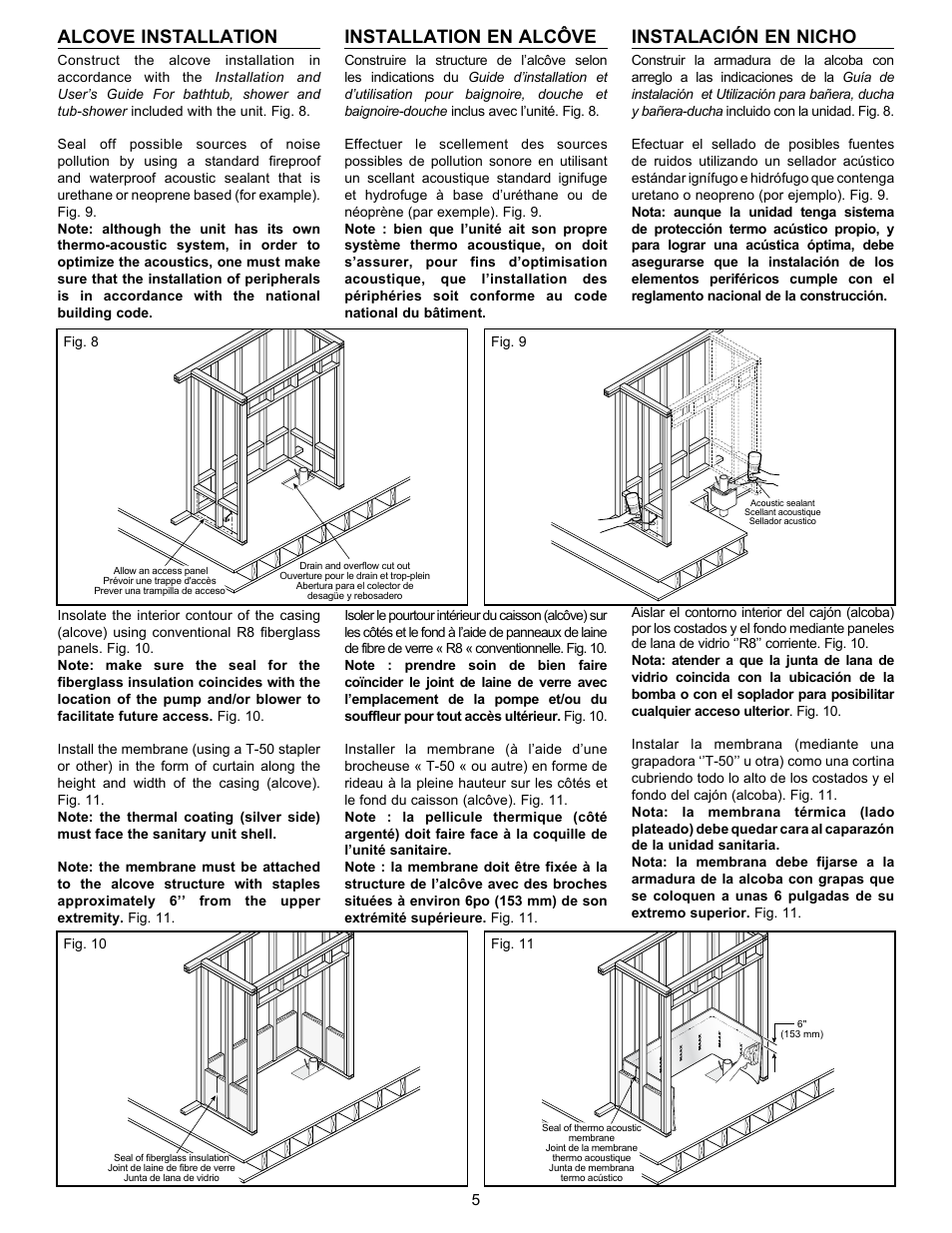 Alcove installation, Installation en alcôve, Instalación en nicho | MAAX CALLA User Manual | Page 5 / 12