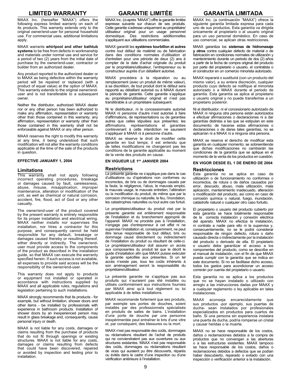 Limited warranty, Garantie limitée, Garantía limitada | MAAX CALLA User Manual | Page 9 / 12