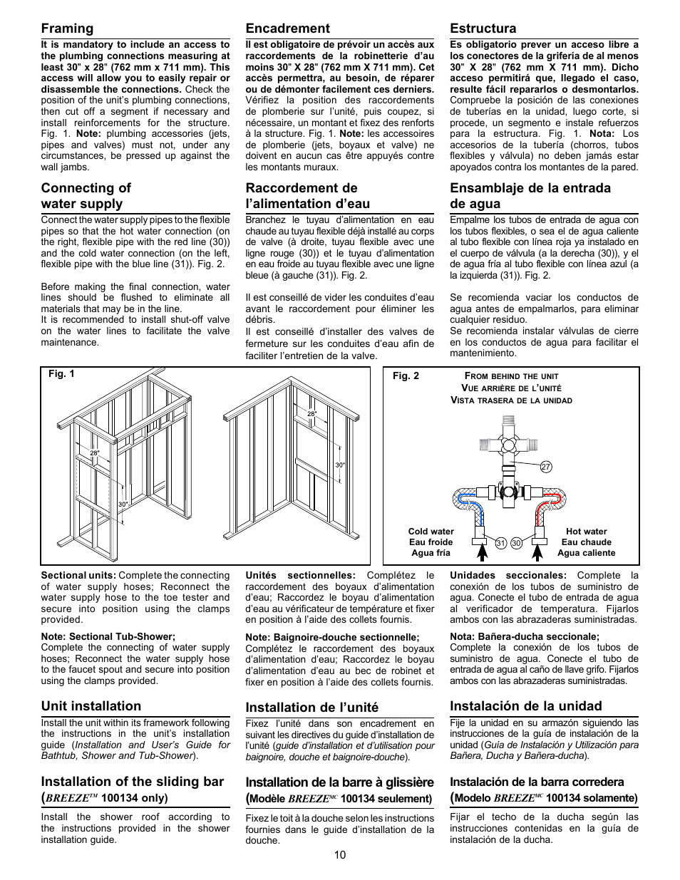 Framing, Connecting of water supply, Unit installation | Installation of the sliding bar, Encadrement, Raccordement de l’alimentation d’eau, Installation de l’unité, Installation de la barre à glissière, Estructura, Ensamblaje de la entrada de agua | MAAX CALYPSO User Manual | Page 10 / 20