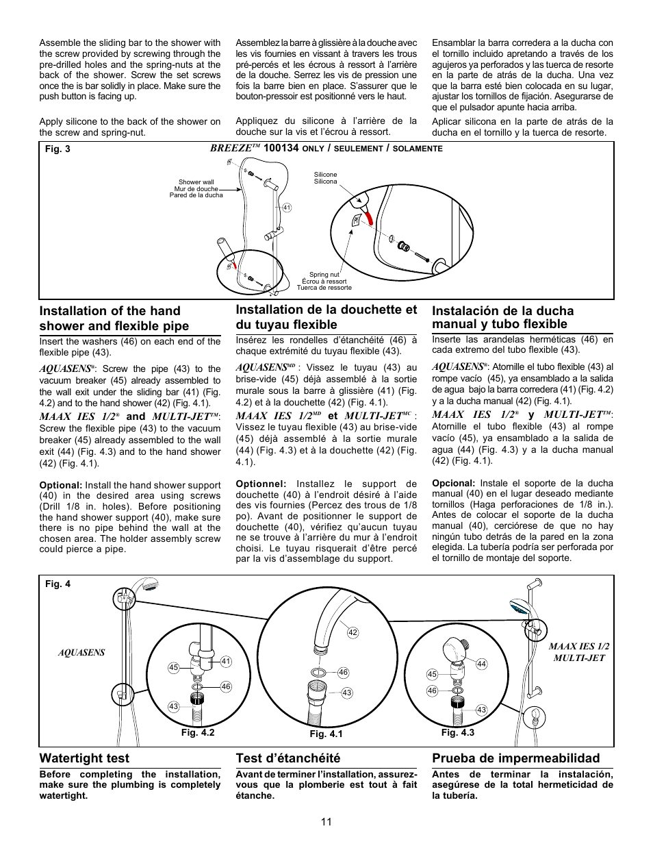 Installation of the hand shower and flexible pipe, Watertight test, Installation de la douchette et du tuyau flexible | Test d’étanchéité, Instalación de la ducha manual y tubo flexible, Prueba de impermeabilidad | MAAX CALYPSO User Manual | Page 11 / 20