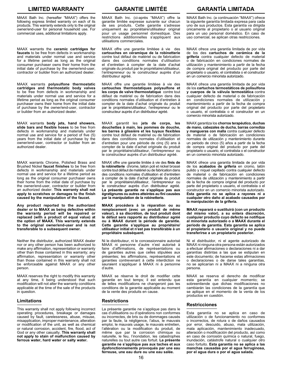 Limited warranty, Garantie limitée, Garantía limitada | MAAX CALYPSO User Manual | Page 16 / 20
