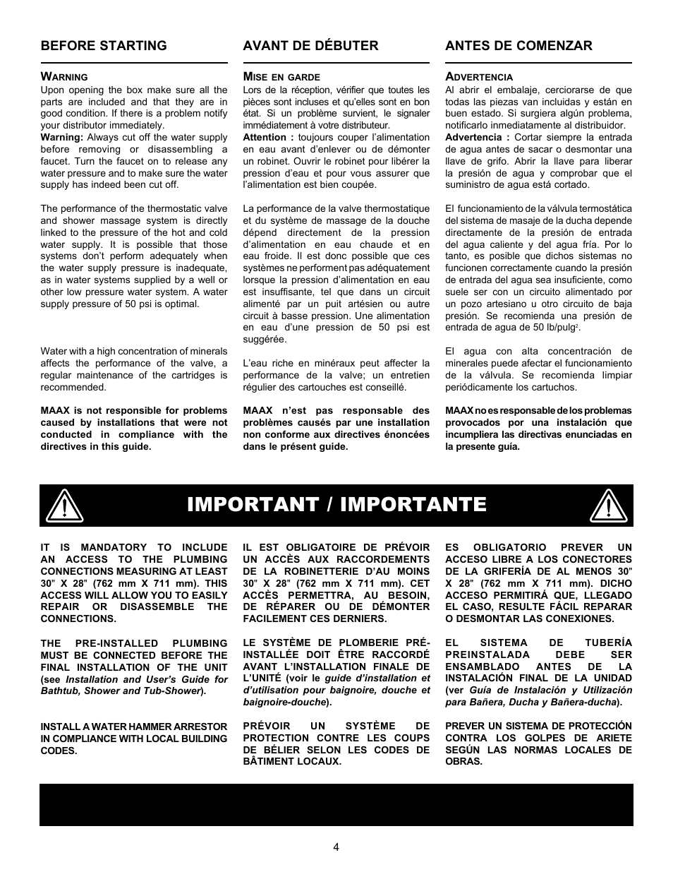 Important / importante, Before starting, Avant de débuter | Antes de comenzar | MAAX CALYPSO User Manual | Page 4 / 20