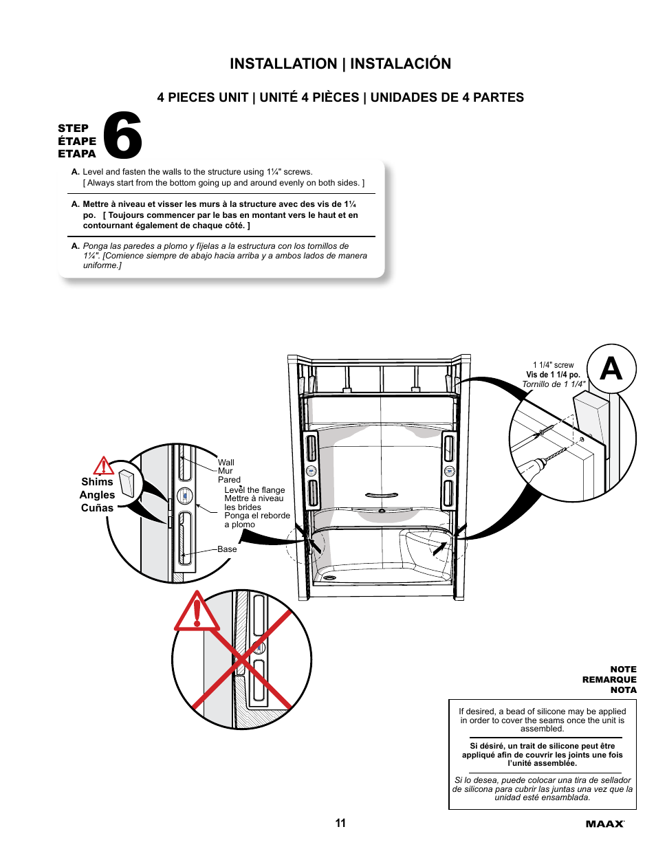 Installation | instalación | MAAX ESSENCE TO-6030 User Manual | Page 11 / 16