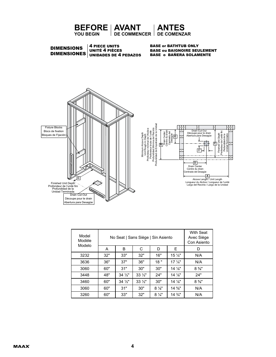 Before, Avant, Antes | You begin, De commencer, De comenzar, Dimensions dimensiones 4 | MAAX ESSENCE TO-6030 User Manual | Page 4 / 16