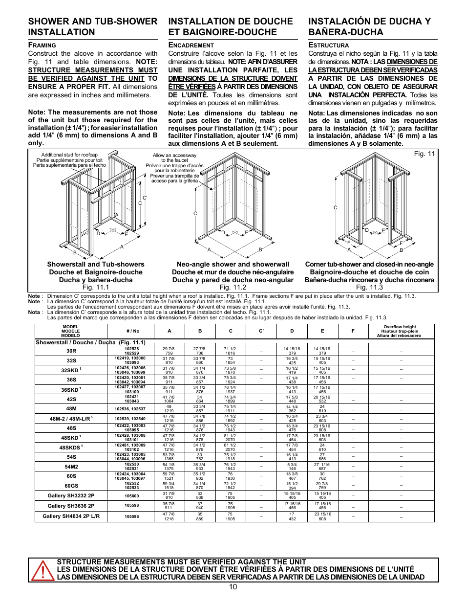 Installation de douche et baignoire-douche, Instalación de ducha y bañera-ducha, Shower and tub-shower installation | Lfa0001.xls | MAAX GALLERY TS-6030 User Manual | Page 10 / 20