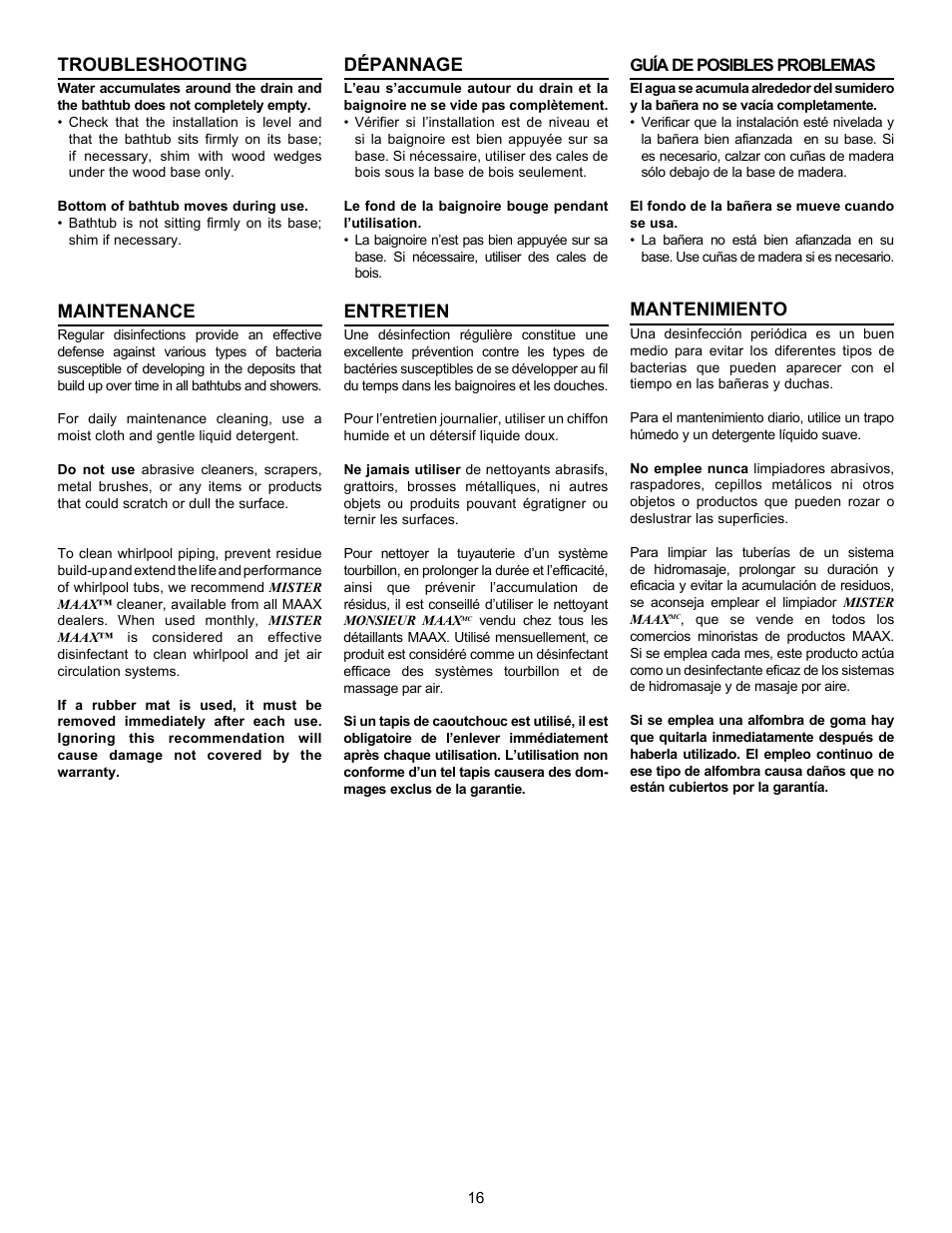 Troubleshooting, Maintenance, Dépannage | Entretien, Mantenimiento | MAAX GALLERY TS-6030 User Manual | Page 16 / 20