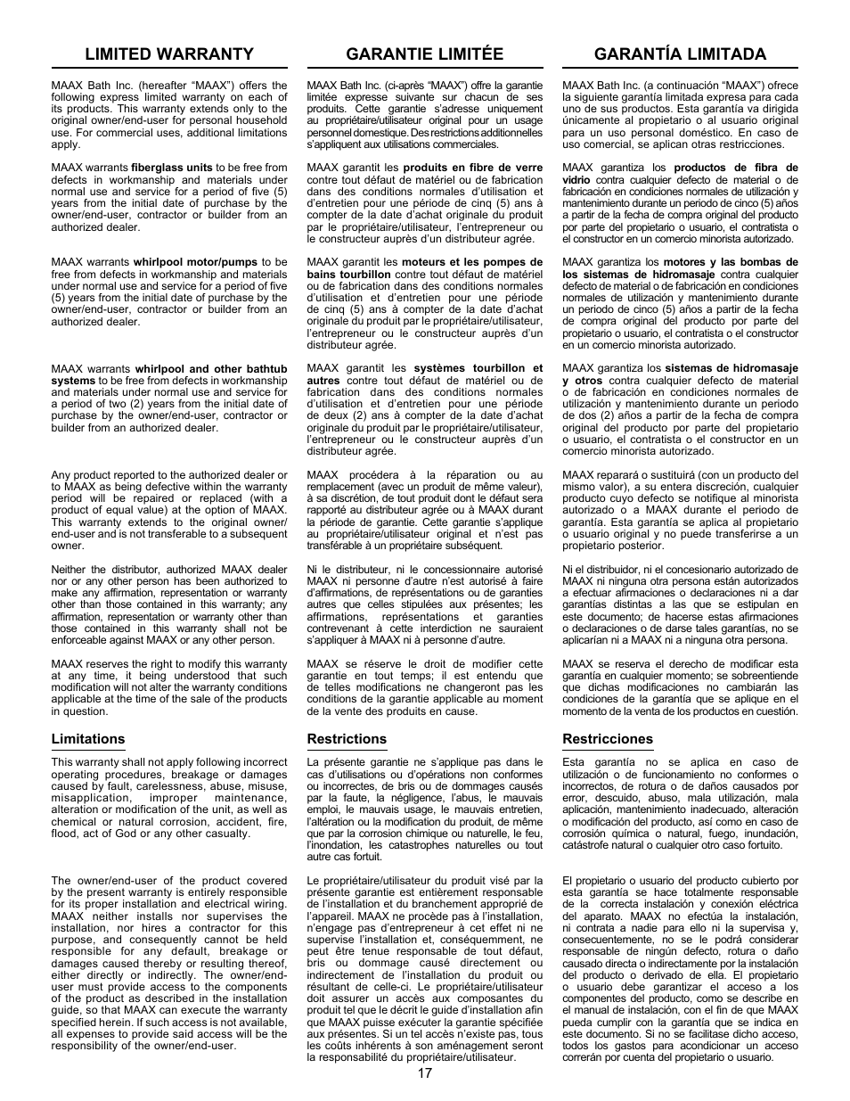 Limited warranty, Garantie limitée, Garantía limitada | MAAX GALLERY TS-6030 User Manual | Page 17 / 20