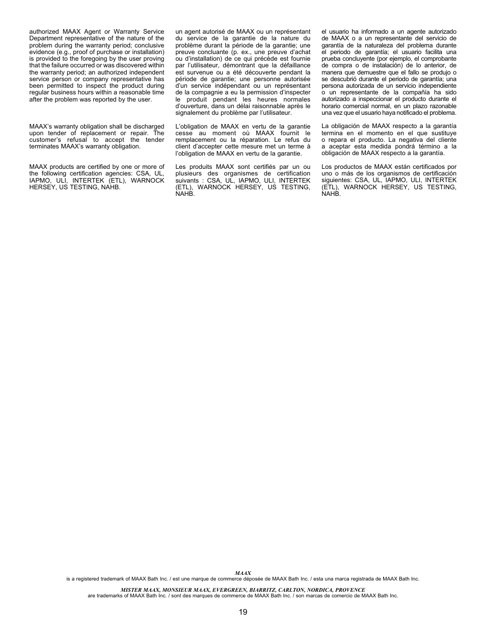 MAAX GALLERY TS-6030 User Manual | Page 19 / 20