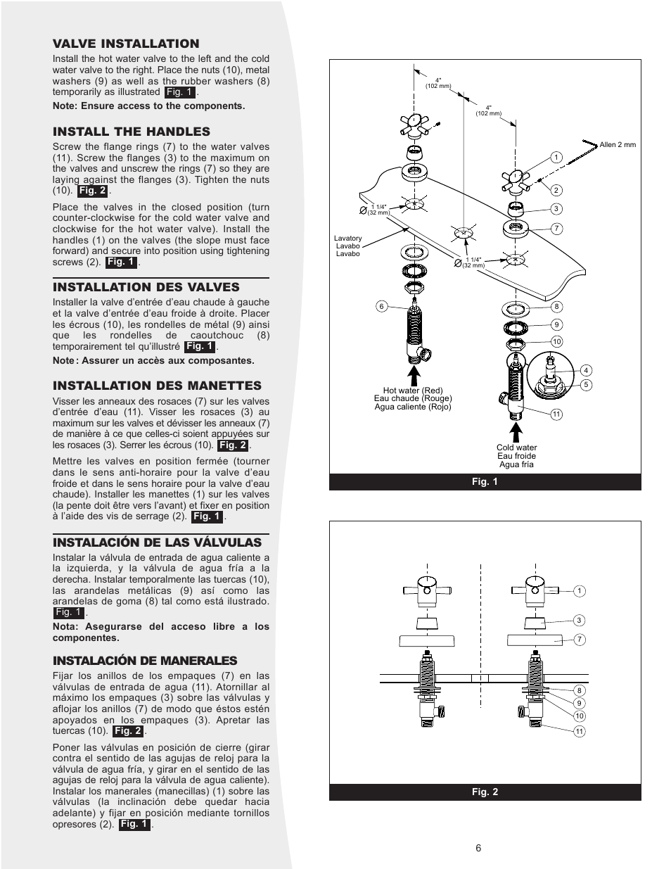 Valve installation, Install the handles, Installation des valves | Installation des manettes, Instalación de las válvulas, Instalación de manerales | MAAX JAZZ User Manual | Page 6 / 12