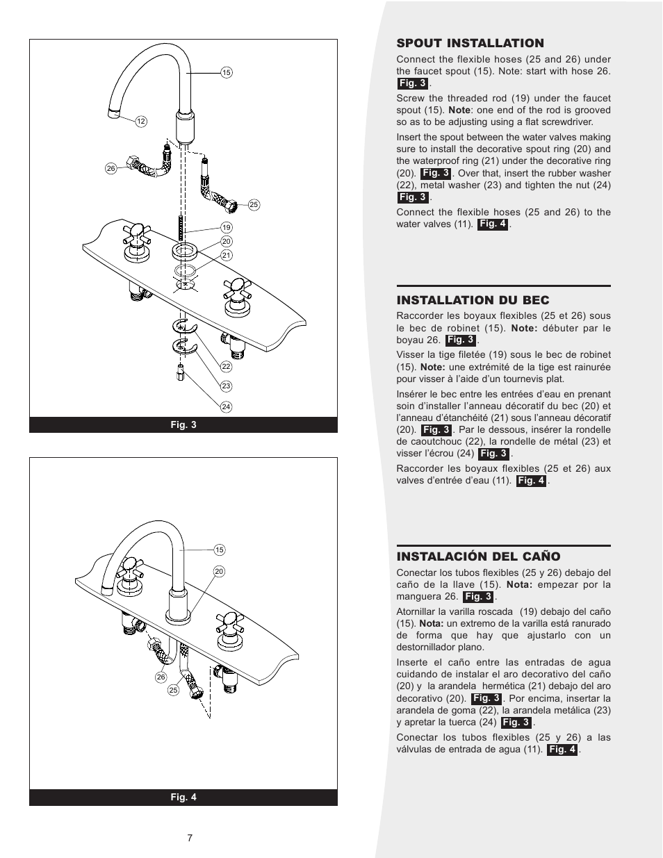 Spout installation, Installation du bec, Instalación del caño | MAAX JAZZ User Manual | Page 7 / 12