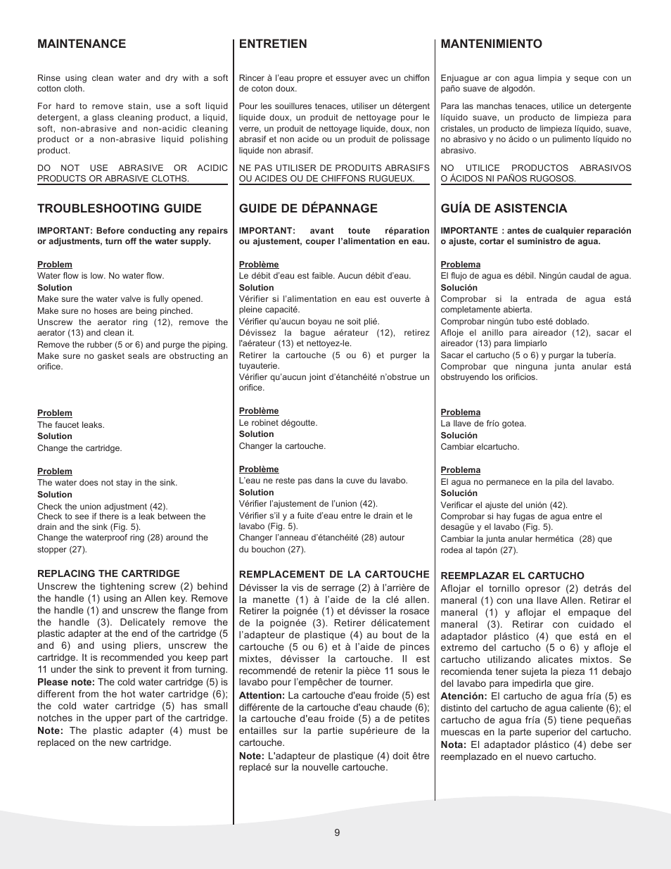 Maintenance, Troubleshooting guide, Entretien | Guide de dépannage, Mantenimiento, Guía de asistencia | MAAX JAZZ User Manual | Page 9 / 12