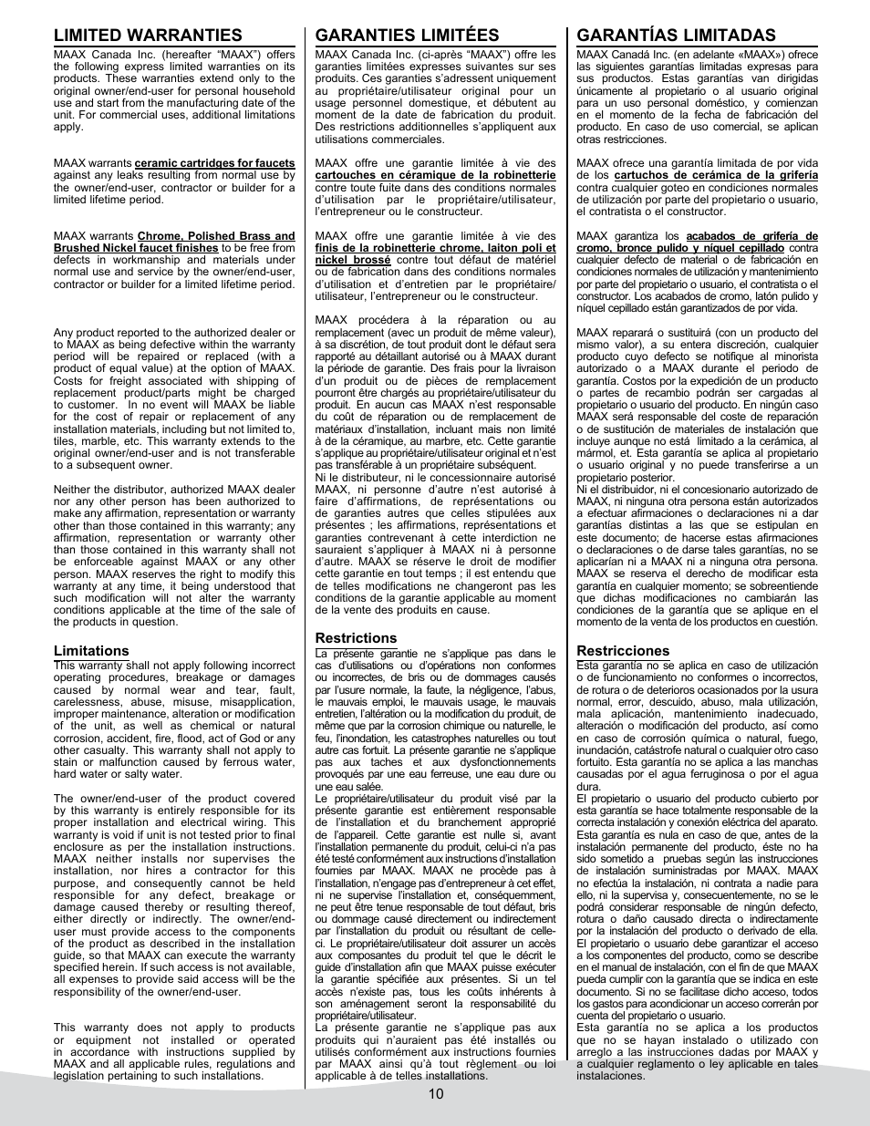 Limited warranties, Garanties limitées, Garantías limitadas | MAAX JAZZ User Manual | Page 10 / 12