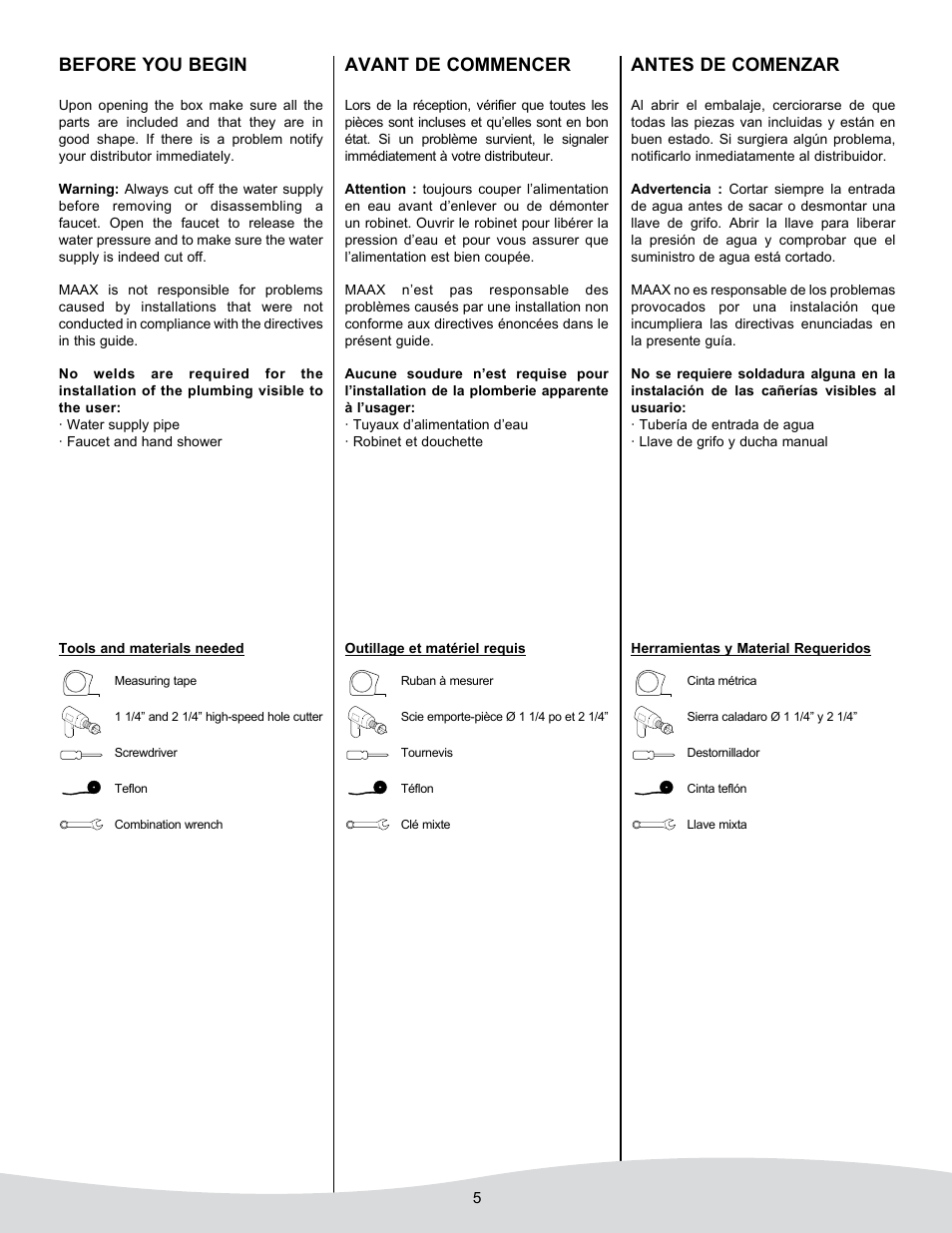 Before you begin, Avant de commencer, Antes de comenzar | MAAX JAZZ User Manual | Page 5 / 12