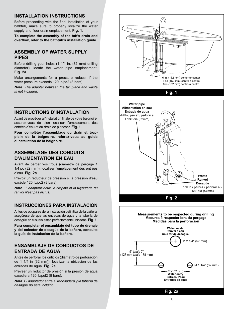 Installation instructions, Assembly of water supply pipes, Instructions d’installation | Assemblage des conduits d’alimentation en eau, Instrucciones para instalación, Ensamblaje de conductos de entrada de agua | MAAX JAZZ User Manual | Page 6 / 12